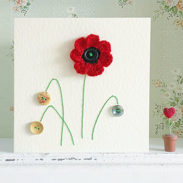 Hand Sewn Card. Poppy Card. Flowers. Stitched Card. Embroidered Card.