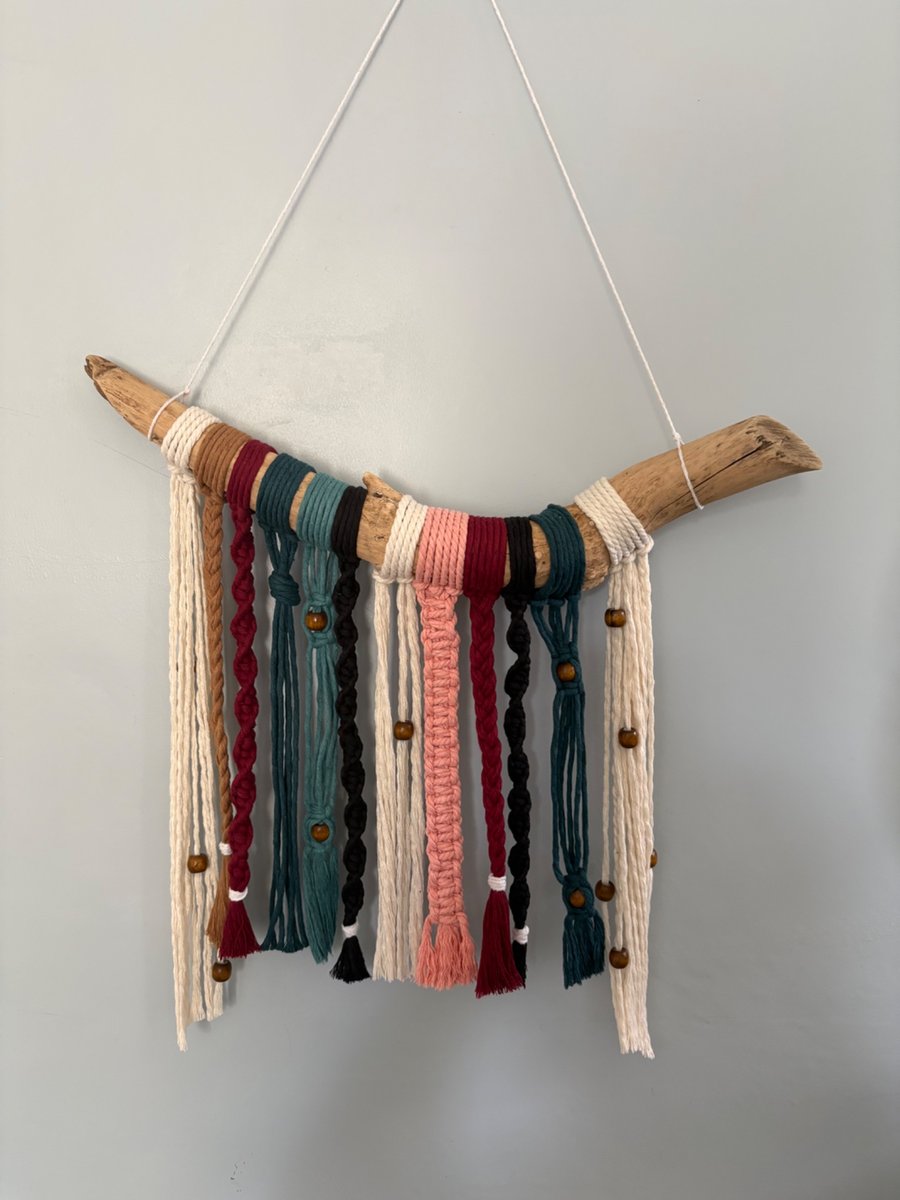 Handmade Boho Macramé & Wood Wall Hanging - Colourful Textile Wall Art