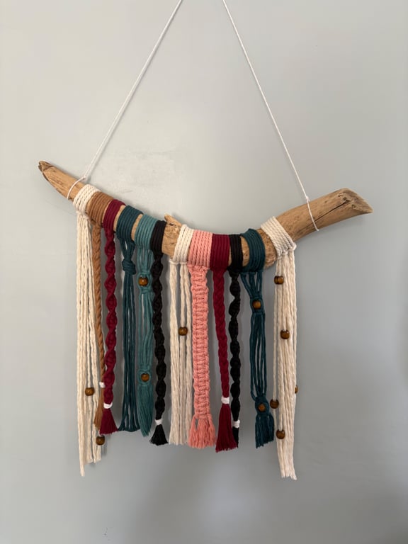Handmade Boho Macramé & Wood Wall Hanging - Colourful Textile Wall Art