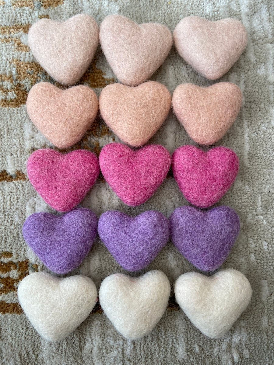 3 or 6 pack of felt hearts, 100% Nepalese felt wool hearts (4-5cm) in shades of 