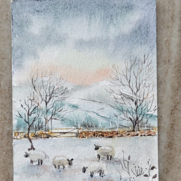 original watercolour ACEO, mini artwork, Winter, snowy countryside 