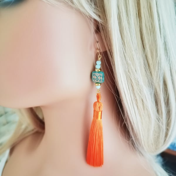 Orange Silk Tassel earrings - Long