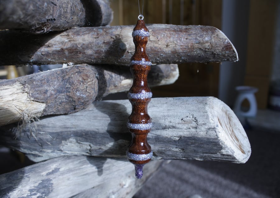 One of a Kind Wooden Sapele Christmas Decoration with Silver and Purple Glitter