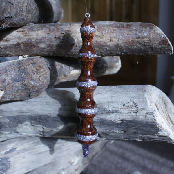 One of a Kind Wooden Sapele Christmas Decoration with Silver and Purple Glitter