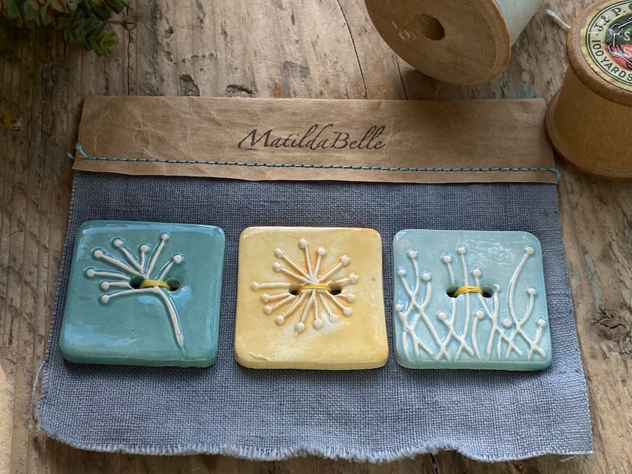 Set of 3 Botanical Handmade Ceramic Buttons