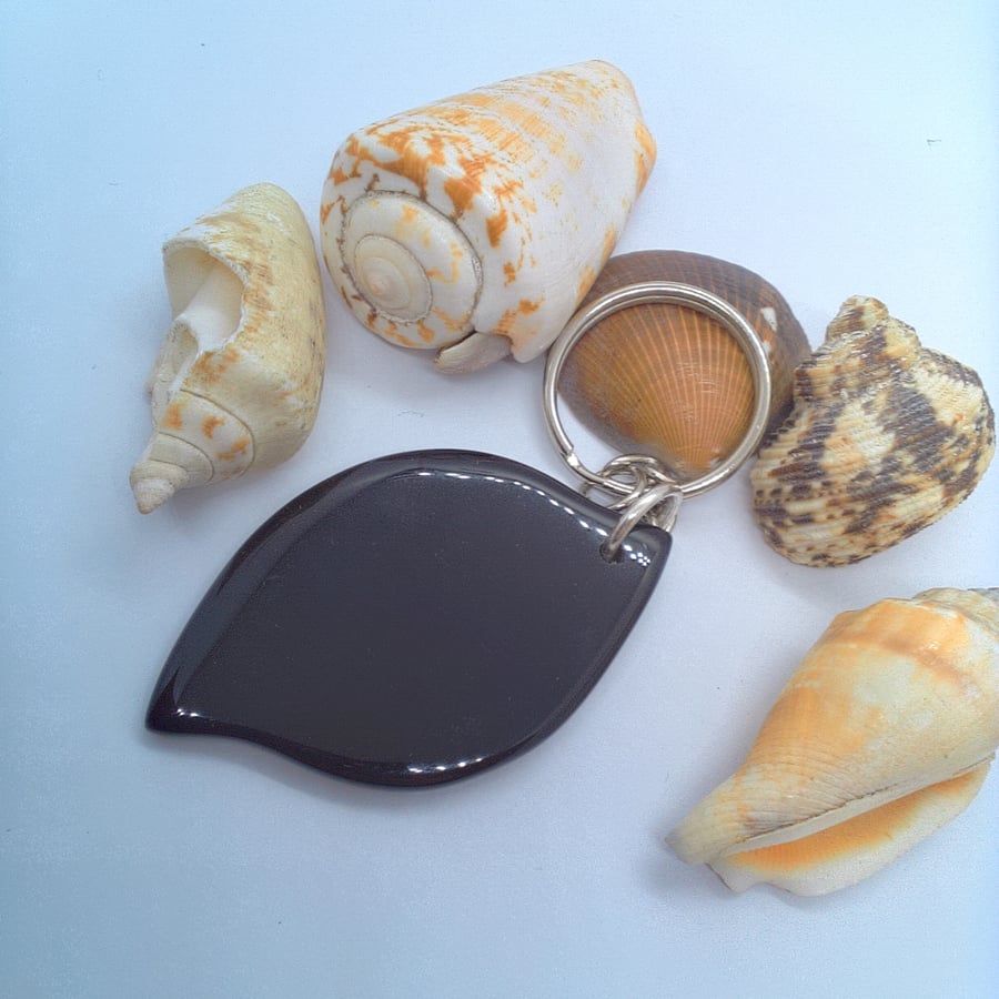 Large Black Leaf Shaped Stone Key Ring, Silver Key Fob, End of Term Gift