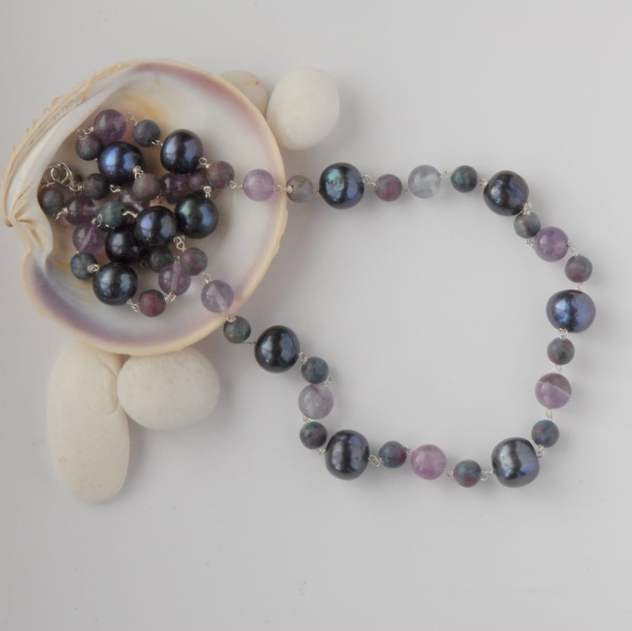 Pearl, fluorite, apatite, amethyst and sterling silver necklace