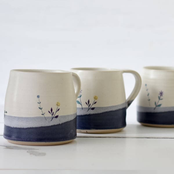 Blue and white ceramic flower mug, handmade coffee tea mug