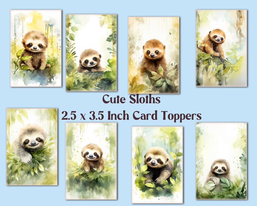 Cute Sloths Set of 8 Aceo Size Card Toppers for Card Making