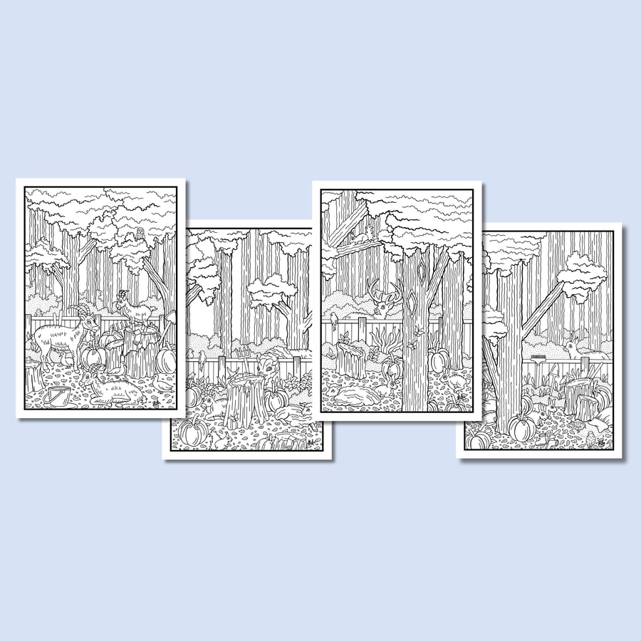 (Digital) Woodland Farm Animals On Four Colouring Pages