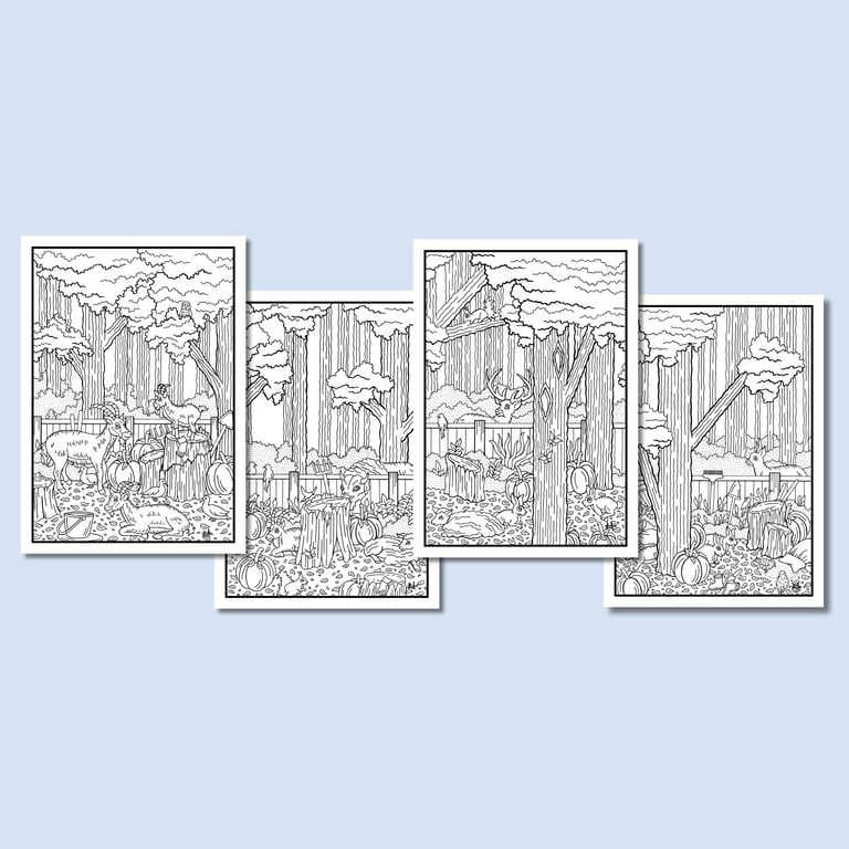 (Digital) Woodland Farm Animals On Four Colouring Pages