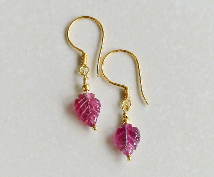 Dainty pink tourmaline gold vermeil earrings, genuine gemstone drop earrings