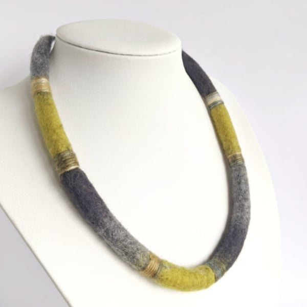 Felted cord necklace - shades of greys and yellow-green
