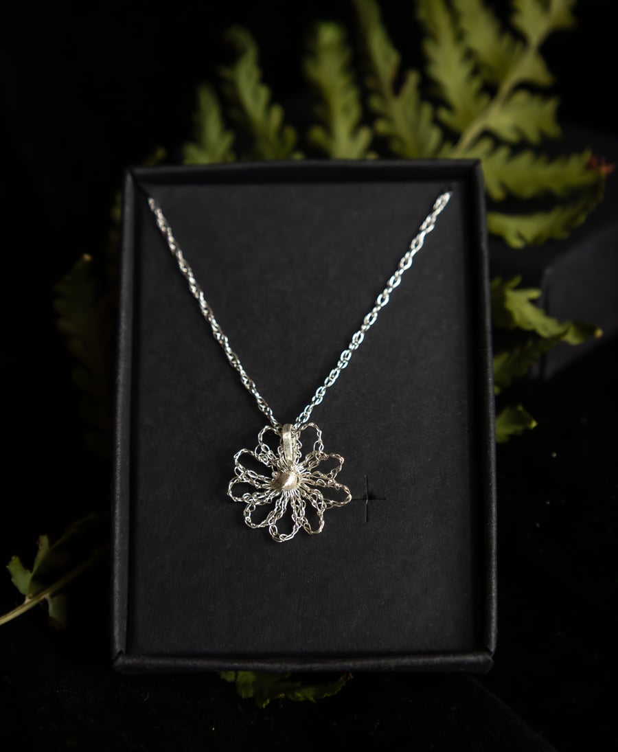 Crocheted Silver Daisy Pendant 