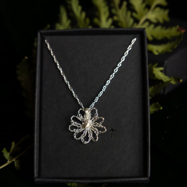 Crocheted Silver Daisy Pendant 