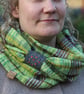 Unisex cowl woven in greens and purple hand dyed yarn with mushroom embroidery - Image 2