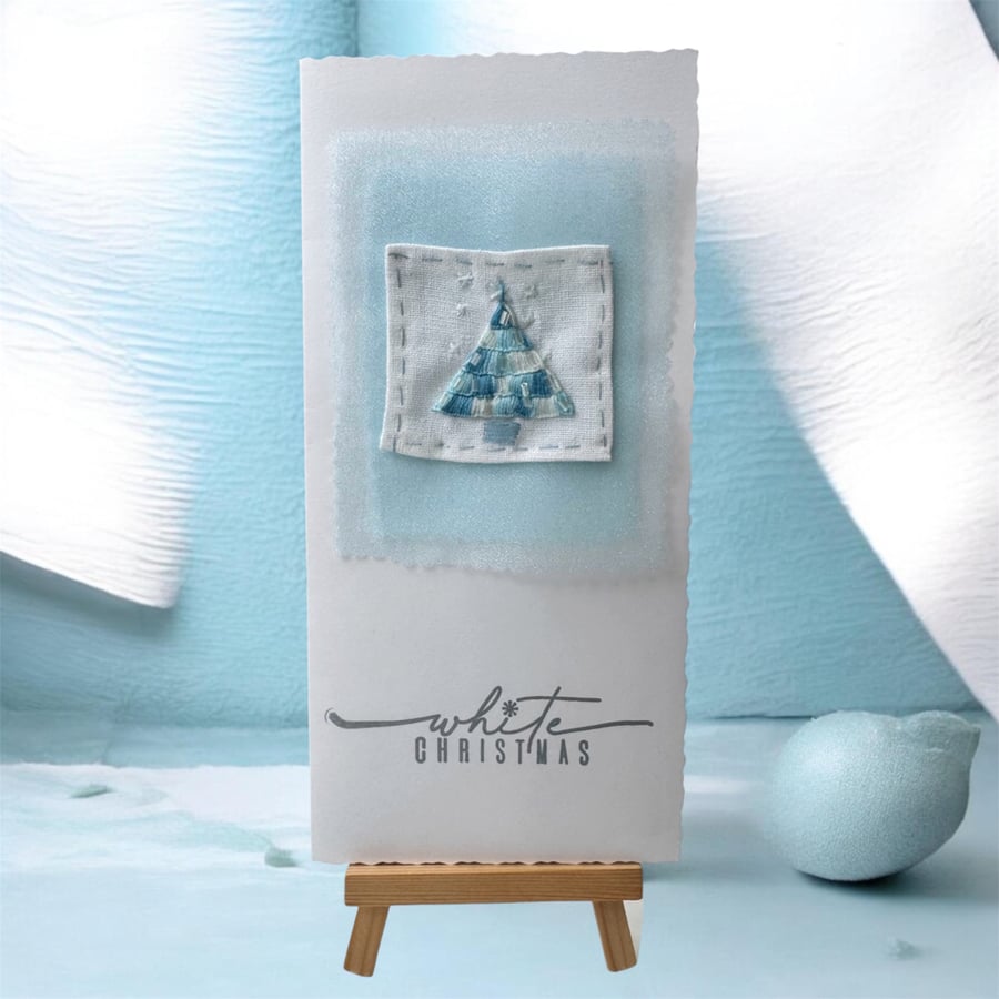 Large Christmas card with modern embroidery winter white and blue abstract tree
