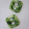 Handmade pair of cast glass buttons - Square aventurine green cream shimmer