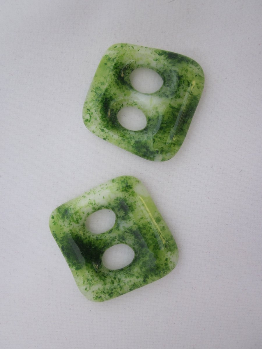 Handmade pair of cast glass buttons - Square aventurine green cream shimmer