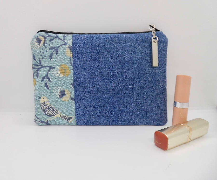 SOLD CLEARANCE Make up bag purse bird print and denim
