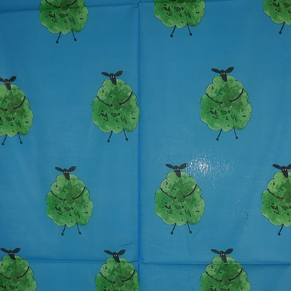 Long cotton scarf quirky Green Sheep design 160 cm x 52 cm