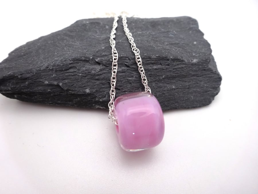 pink lampwork glass pendant necklace, sterling silver chain