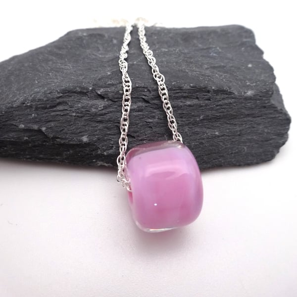 pink lampwork glass pendant necklace, sterling silver chain