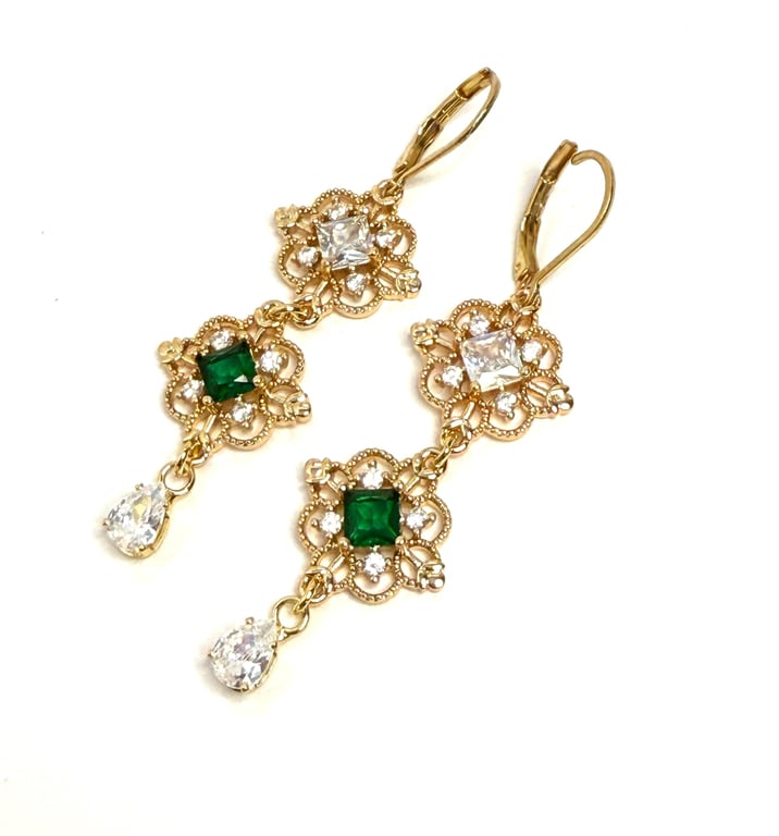 Emerald Green Crystal Gold Earrings, Wedding Jewellery, Gift for Her