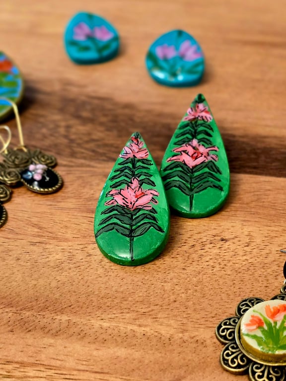 Hand-Painted Air-Dry Clay Earrings with Resin Finish – Artisan Jewelry