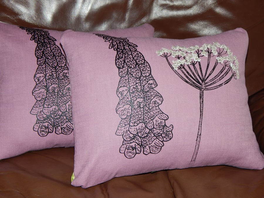 Linen heather - Foxglove and Cow Parsley - Screen printed cushion. 33cm x 26cm