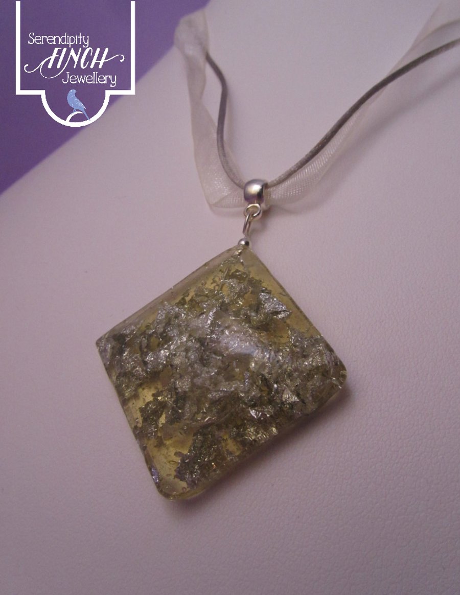 Silver Gold Square Pendant with Ribbon Necklace