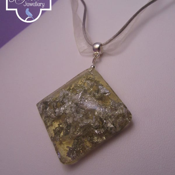 Silver Gold Square Pendant with Ribbon Necklace