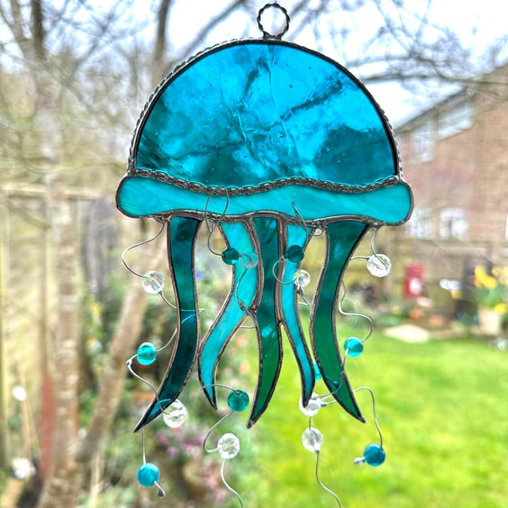 Stained Glass Jellyfish Suncatcher - Handmade Hanging Decoration - Teal