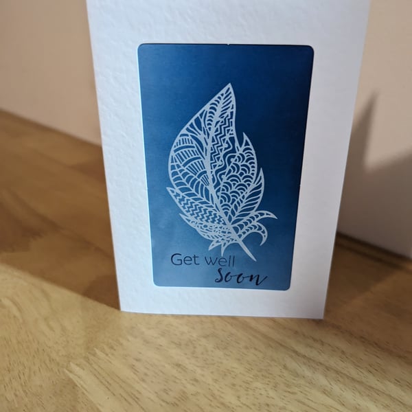 Feather Get Well Soon Nature Cyanotype Print Card Blue White Framed Small