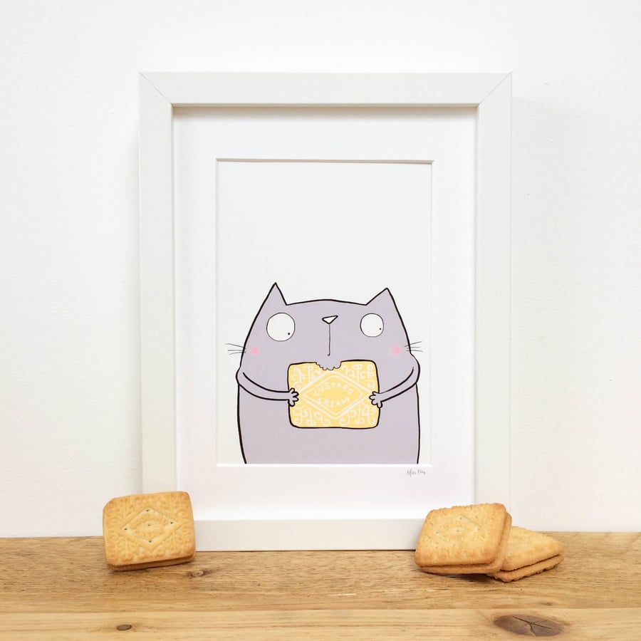 Custard Cream Biscuit Kitty, Illustrated Framed Print