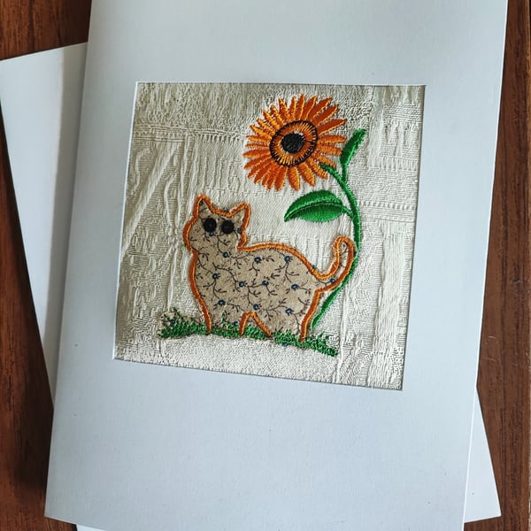 Card with Embroideryof Cat & Sunflower