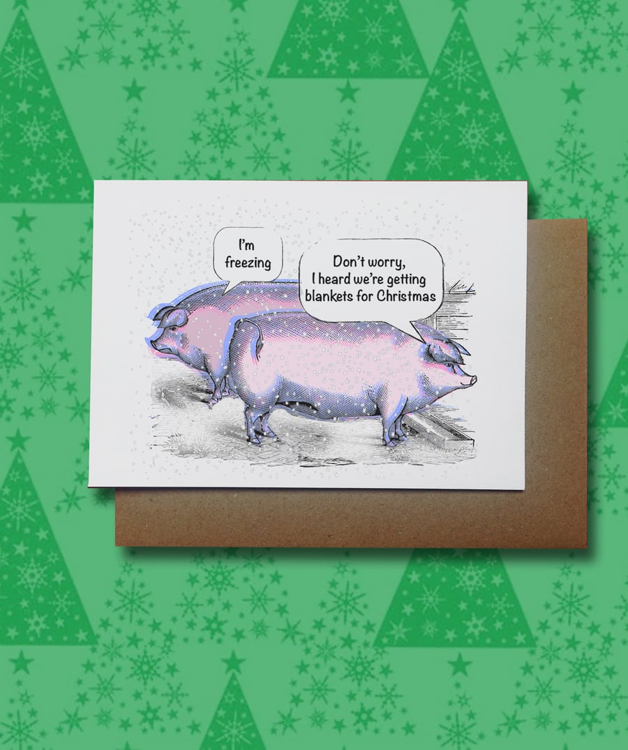  Funny pigs in Blankets Christmas Greetings Card,  Pig Cards, UK Handprinted