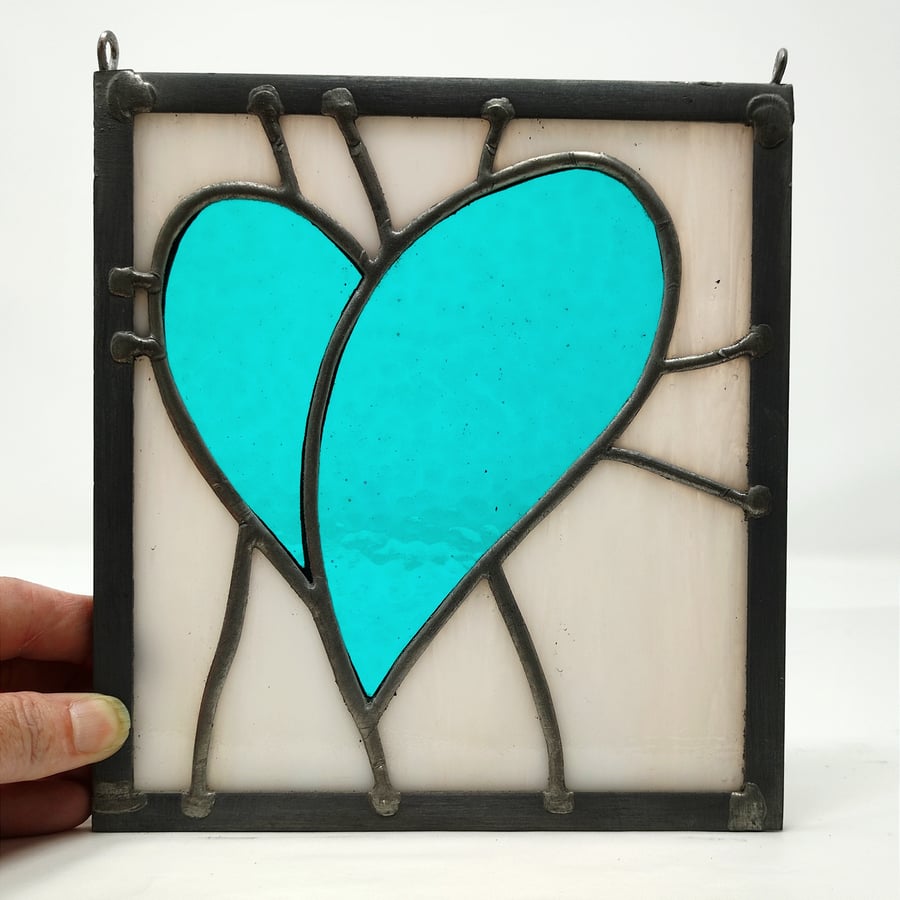 SOLD Stained glass jade heart copperfoil and lead panel