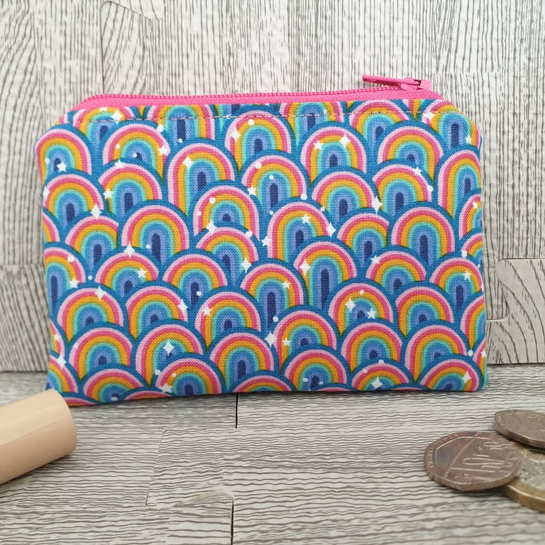 Rainbow Stripe Handmade Cotton Coin Purse – Quilted Lined Change Wallet