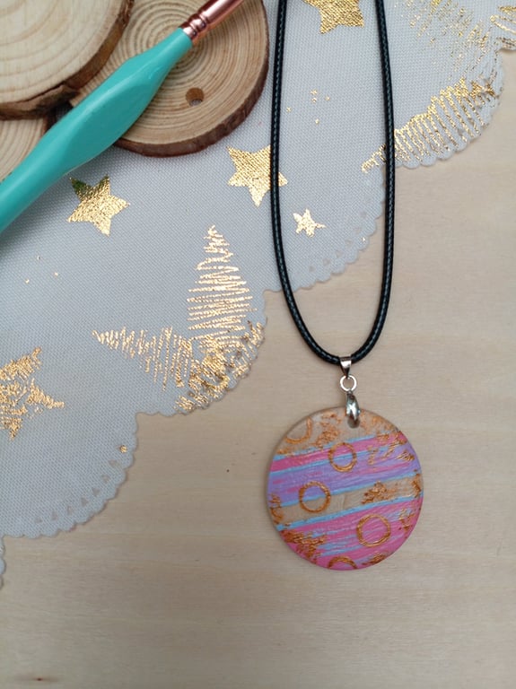 Wooden circular pastel coloured hand painted necklace 