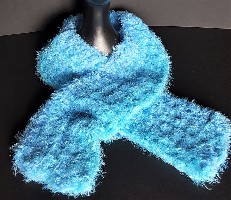 Turquoise and Light Blue Chunky Crochet Scarf