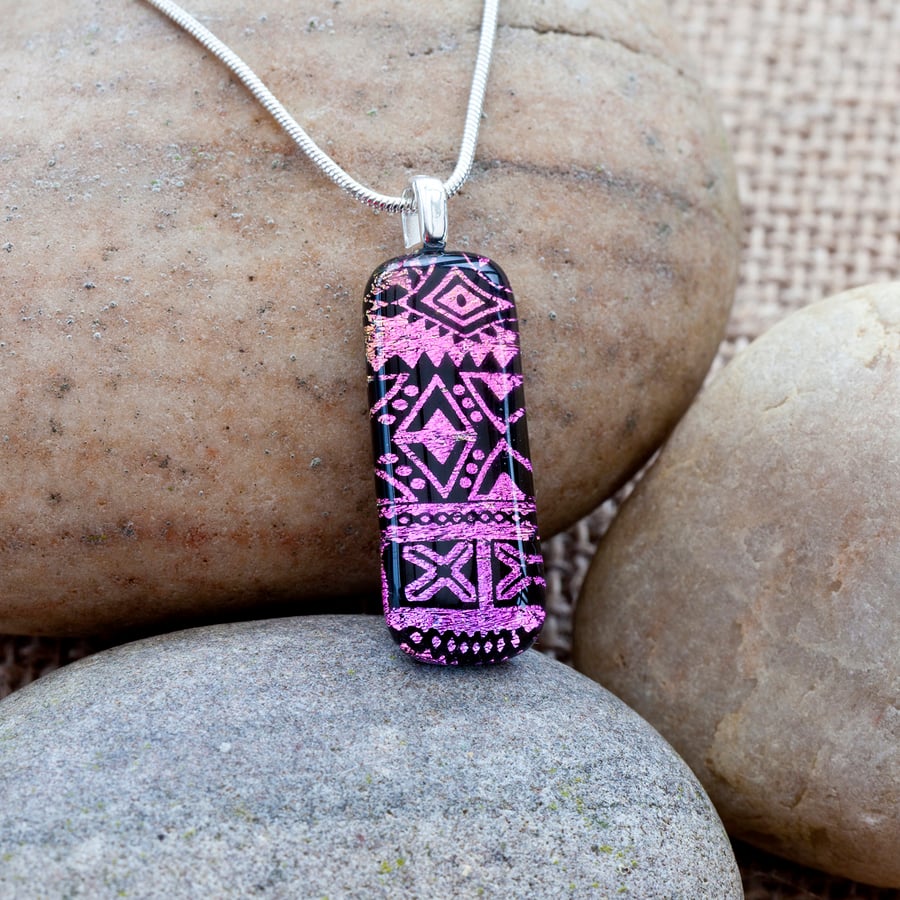 Pink Aztec Patterned Dichroic Fused Glass Pendant