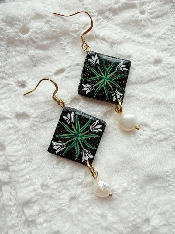 Midnight Tulip Pearl Drop Earrings
