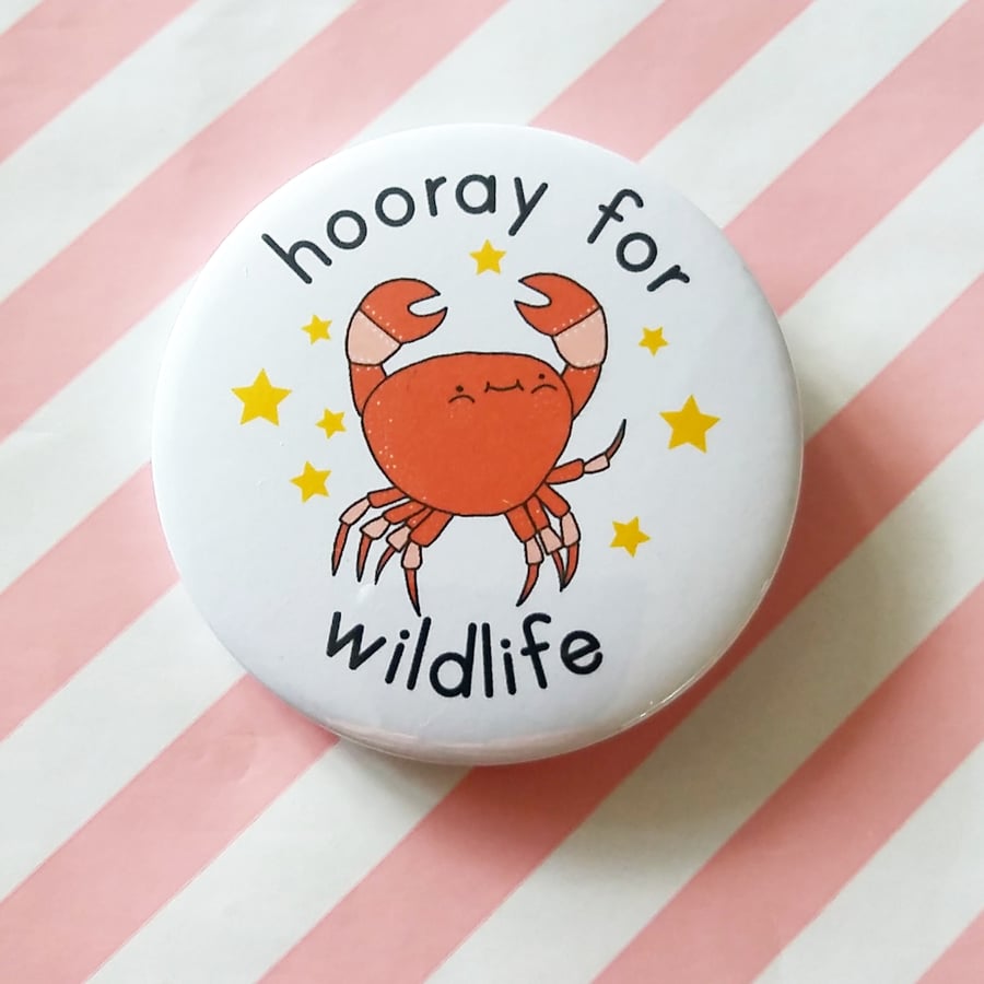 hooray for wildlife 58mm pin badge, handmade badge, crab badge