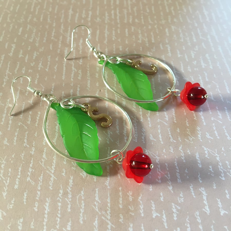 Personalized hooped red flower and green leaf with alphabets Dangle earrings.