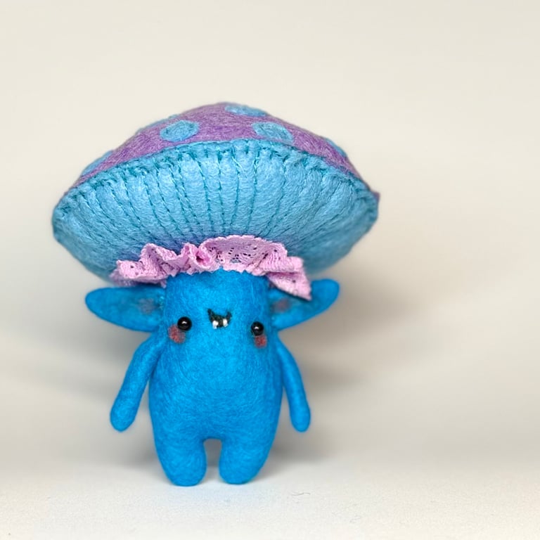 Blue Mushroom Felt Art Doll 