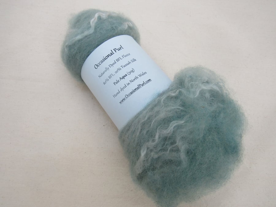 50g Indigo Aqua Naturally Dyed BFL and Silk Wool Batt