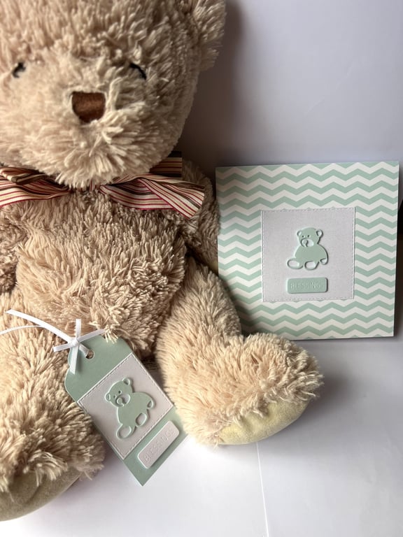 Handmade Pearl shimmer Aquamarine baby card with matching gift tag