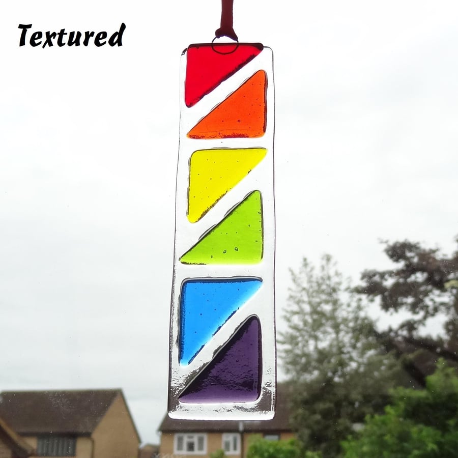 Rainbow fused glass suncatcher, long, triangle, handcrafted