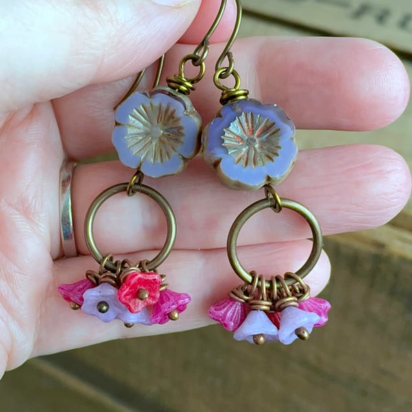 Spring Inspired Floral Earrings. Multi Colour Earrings. Glass Flower Earrings